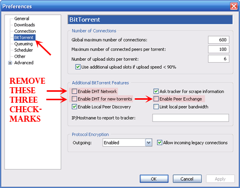 and select the BitTorrent tab. Remove the three checkmarks that pertain to DHT and PEX (see image below):