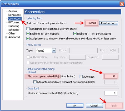 While your in that same 'settings' page, make sure to use a port number from the good list (e.g. 49152 – 65535).