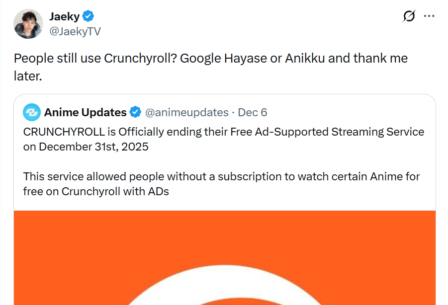People still use Crunchyroll? Google Hayase or Anikku and thank me later.
