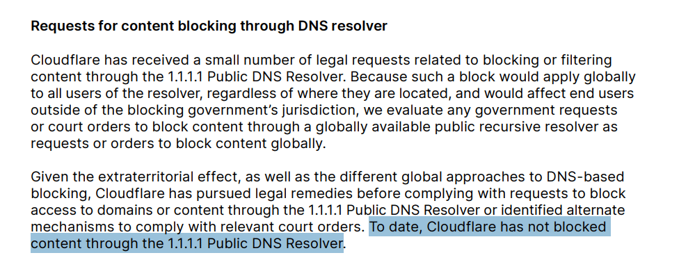 transparency report 1.1.1.1 not blocked